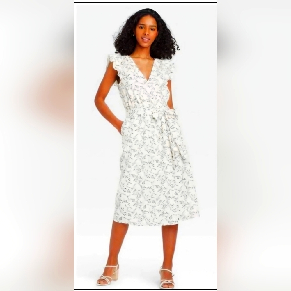 A New Day White Floral Midi Dress with Belt-Size Large- NWOT-🤍🖤